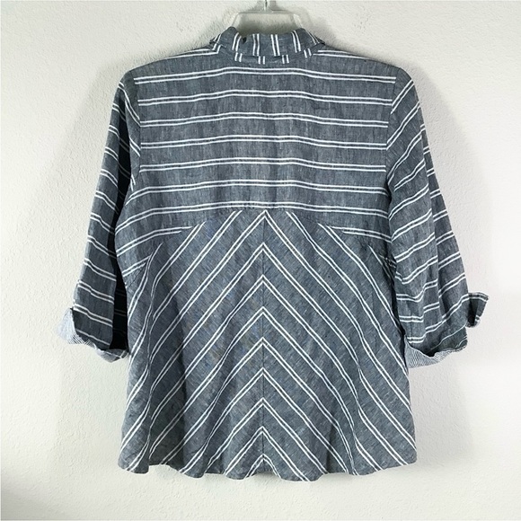 HABITAT Linen Button Up Shirt A-line Stripe Too Coastal Lagenlook Artsy Gray L - Picture 11 of 12